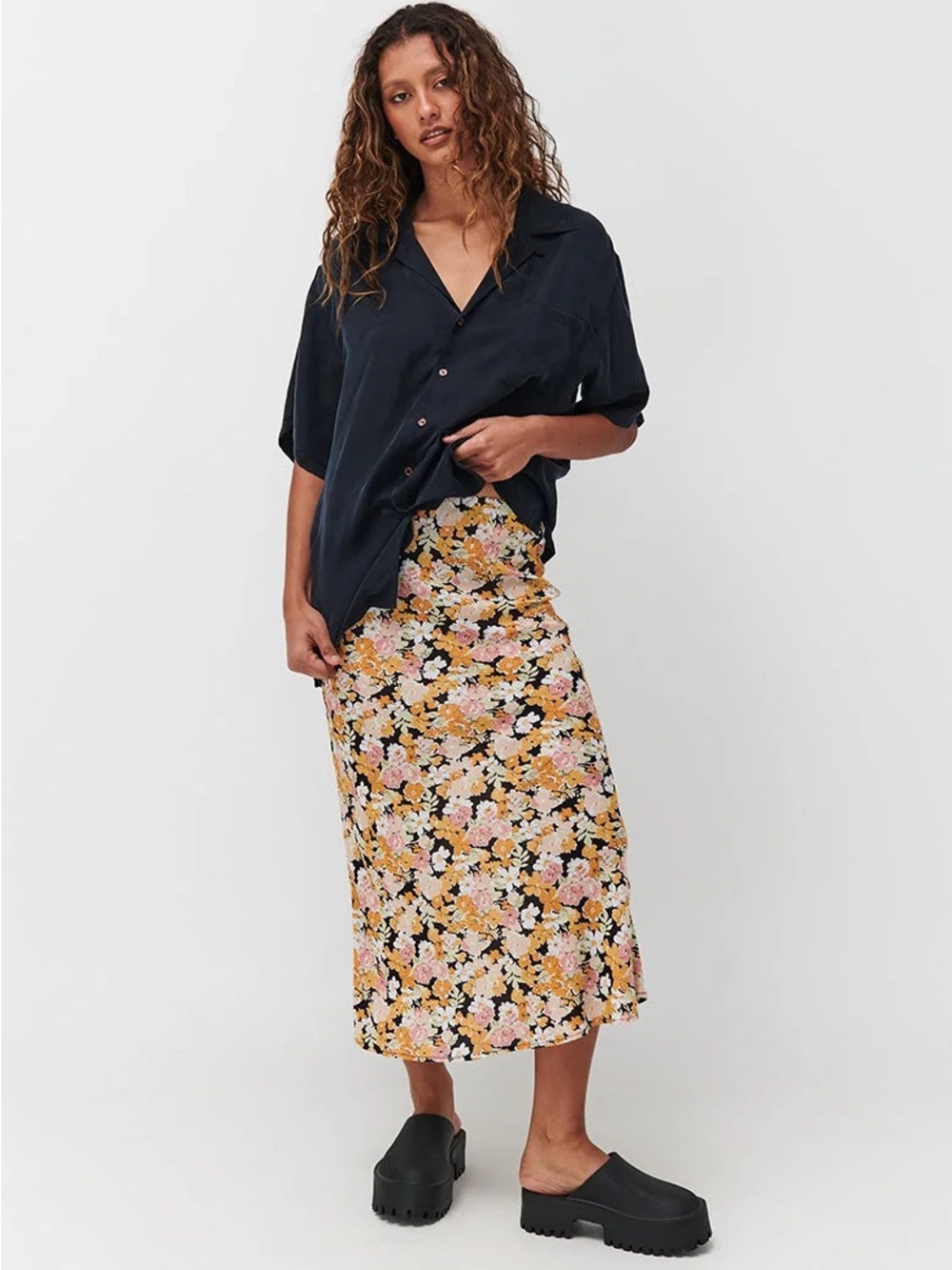 Ghanda Black Floral Midi Skirt with Yellow and Pink Blooms